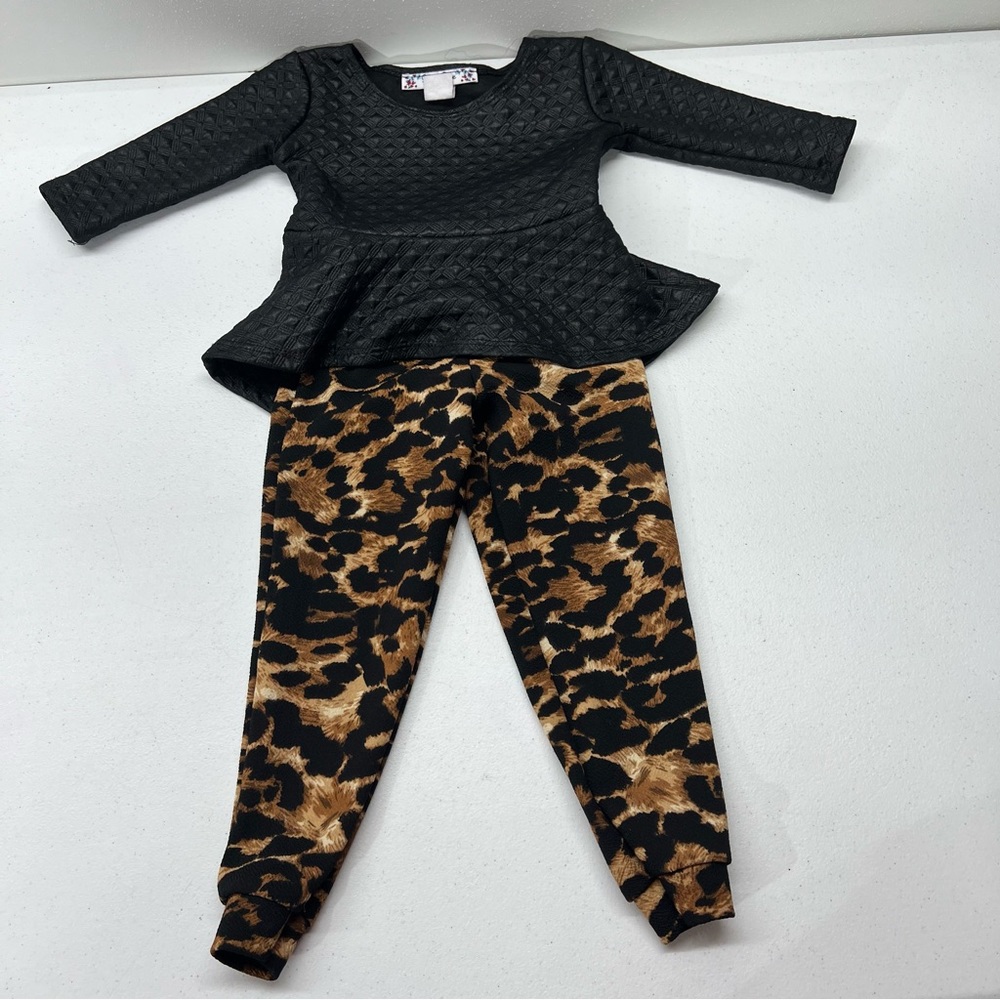 Mini Me Girls 2 Piece Outfit - Cheetah Print Pants with Black Tunic Top - 3T